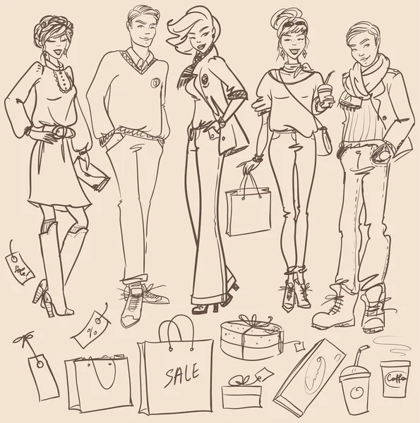 Femmes et hommes avec sacs à provisions — Image vectorielle