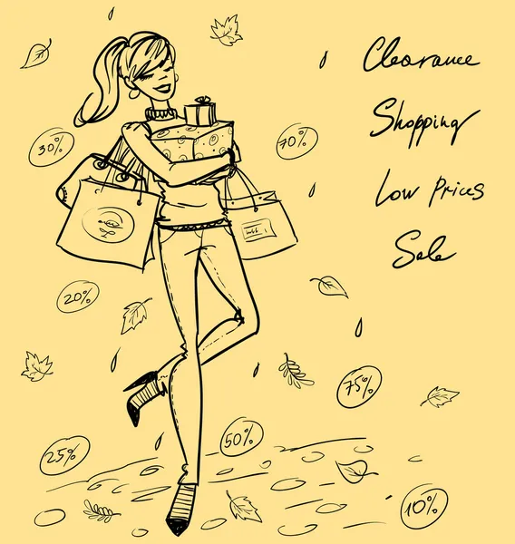 Donna con shopping bag e e scatole regalo — Vettoriale Stock