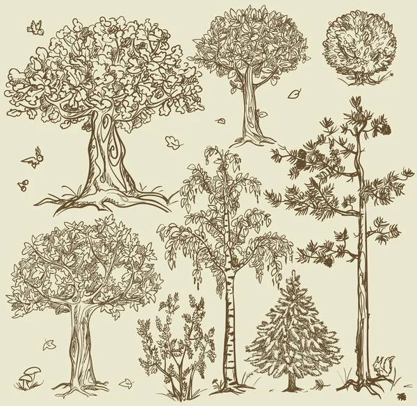 Set de árboles de estilo vintage — Archivo Imágenes Vectoriales
