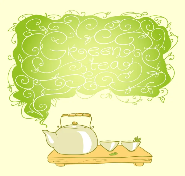 Tea pot and cups background, green tea — Stock Vector