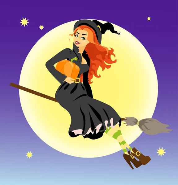 Bruxa com abóbora voando em uma vassoura, Halloween — Vetor de Stock