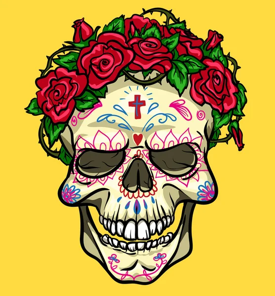 Calavera con rosas, Día de los Muertos — Vector de stock