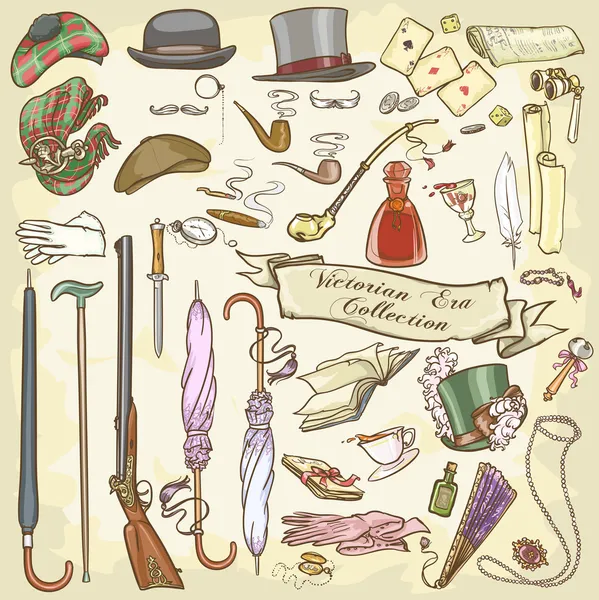 Victorian Era Collection, Lady's and Gentleman's vintage accessories — Stock Vector