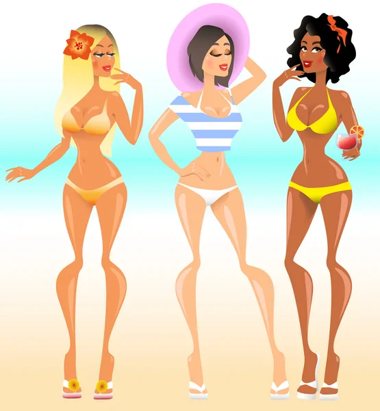 Filles sexy en bikini sur une plage — Image vectorielle