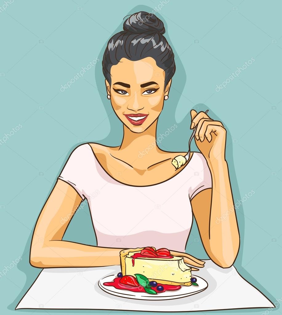 Asian woman eating cheesecake