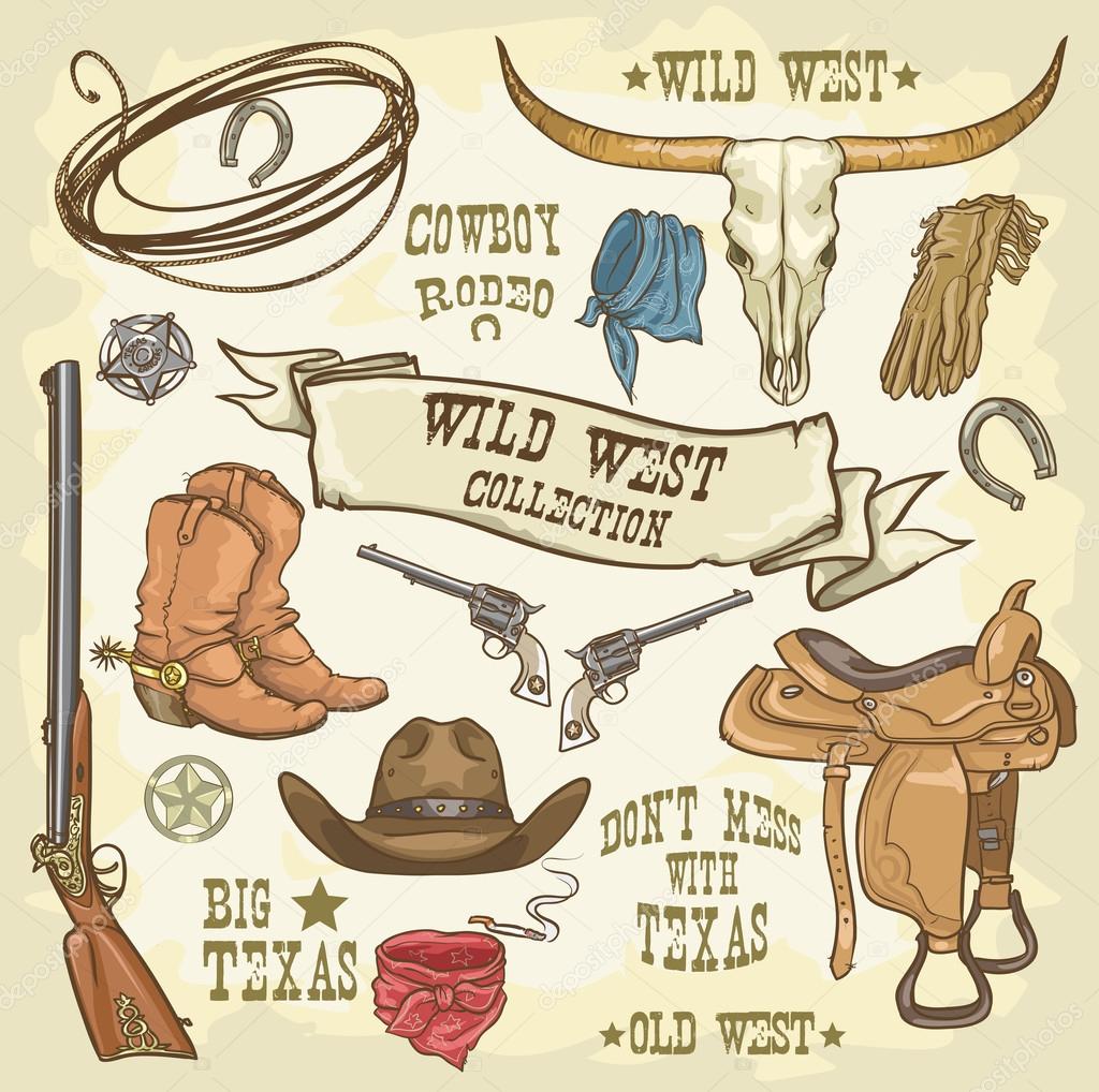 Wild West Collection, Cowboy stuff isolated.