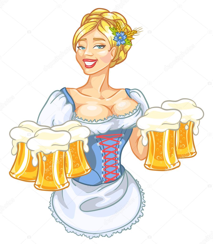 Oktoberfest girl with beer, woman with glasses of beer isolated