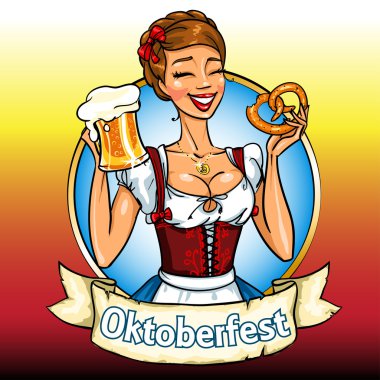 bira ve cips, oktoberfest etiketi ile Bavyera kız