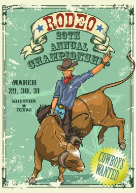 rodeo kovboy sürme bir boğa, retro tarzı poster