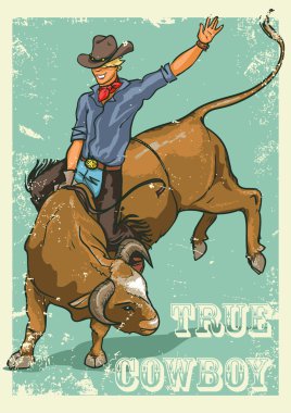 Rodeo Cowboy riding a bull, Retro style Poster clipart
