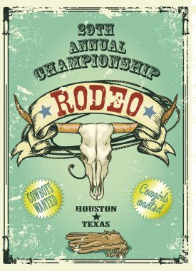 retro tarzı rodeo Şampiyonası poster bizon kafatası ile