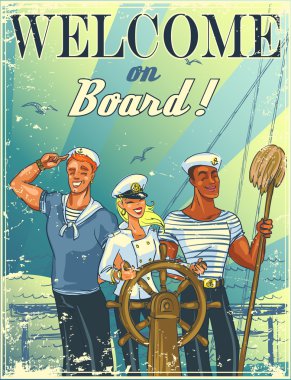 Nautical poster with happy crew clipart
