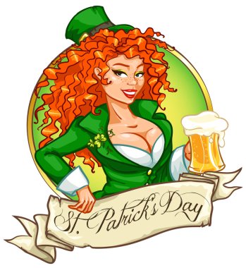 Leprechaun girl with beer, St. Patrick's Day clipart