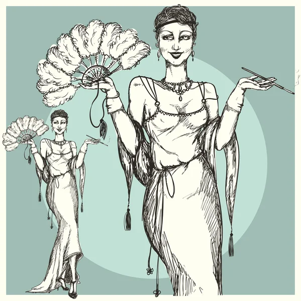 Женщина-ретро с веером и сигаретой — стоковый вектор