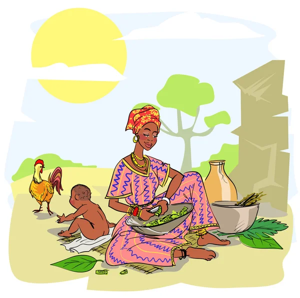 Mujer africana con bebé — Vector de stock