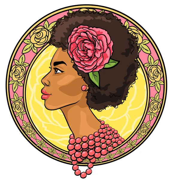 Mujer africana en borde floral — Vector de stock