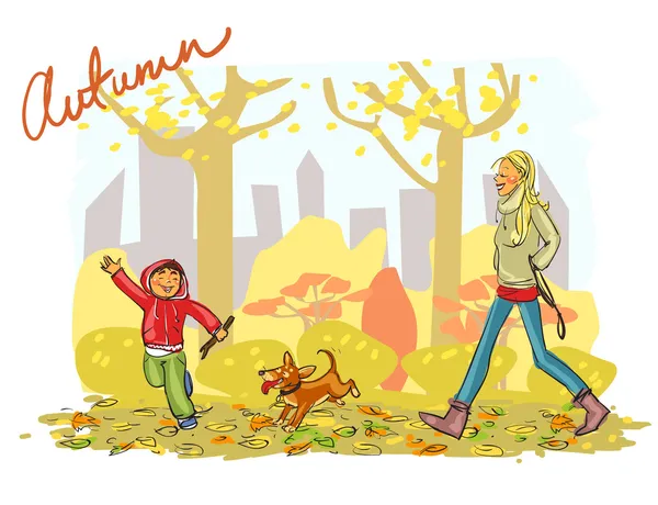 Mother and child walking dog — Stock Vector