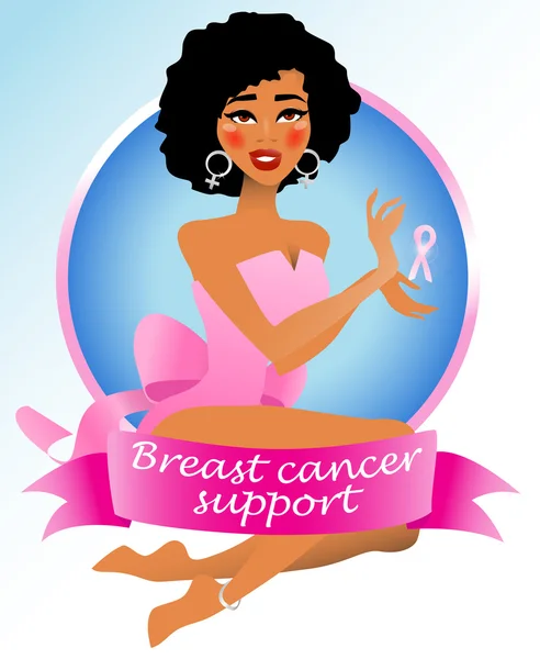 African American woman with pink ribbon, breast cancer concept — Stock Vector