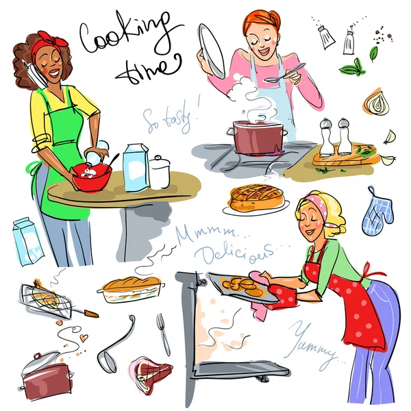 Mulheres na cozinha, cozinhar —  Vetores de Stock