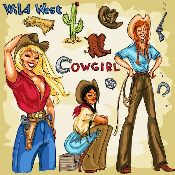 Cowgirls hand drawn collection — Stock Vector