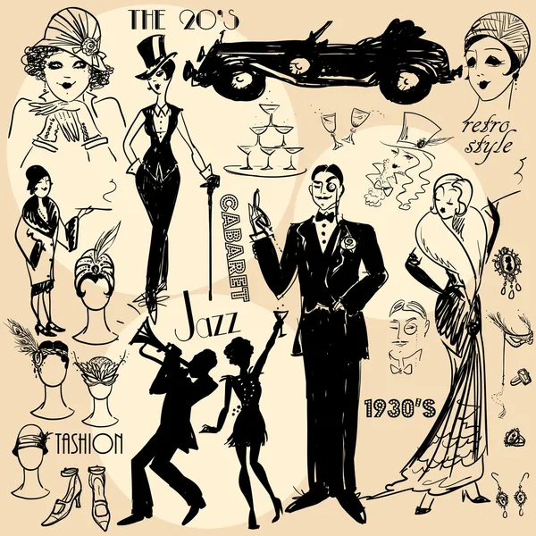 Retro vrouwen en mannen van twenties — Stockvector