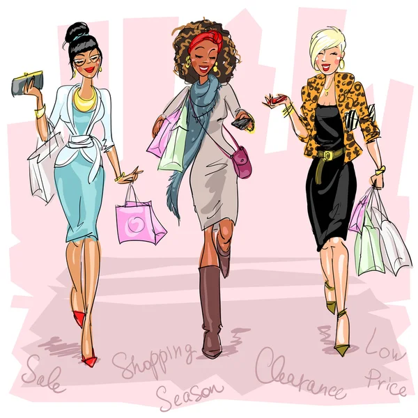 Mujeres con bolsas de compras — Vector de stock