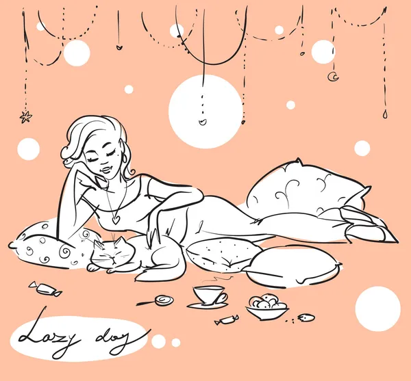 Femme sur un canapé ou un lit avec chat — Image vectorielle