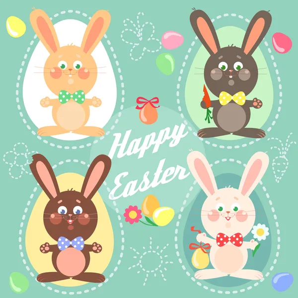 Пасхальная открытка с пасхальными кроликами, яйцами — стоковый вектор