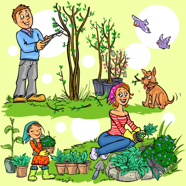 Famille dans le jardin — Image vectorielle