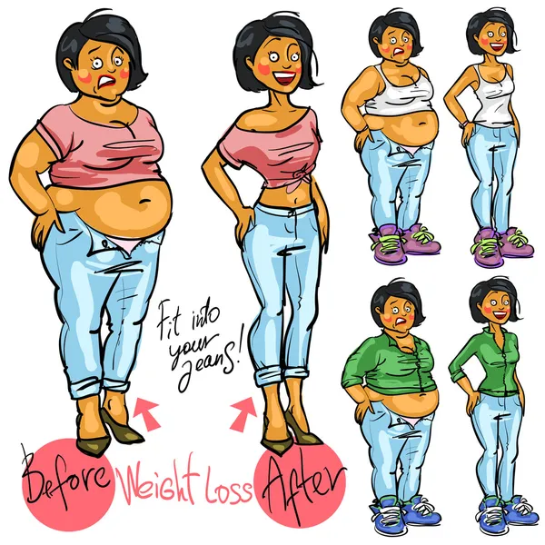 Woman before and after weight loss — Stock Vector