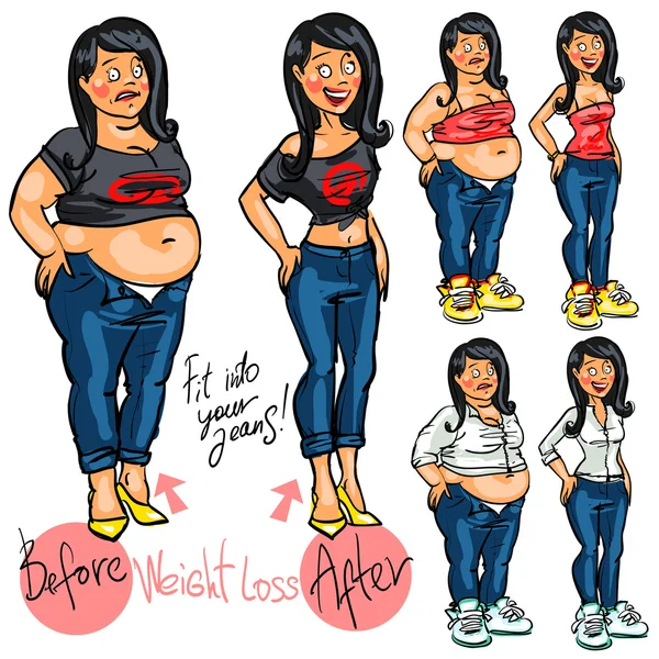 Woman before and after weight loss — Stock Vector