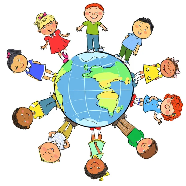 Happy kids on a globe earth — Stock Vector