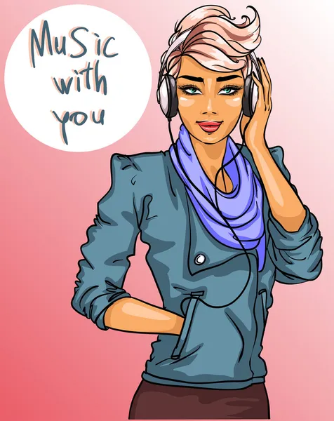 Mujer con auriculares — Vector de stock