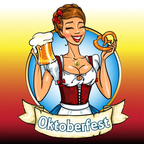 Bayerisches Mädchen mit Bier und Brezel, Oktoberfest-Etikett — Stockvektor