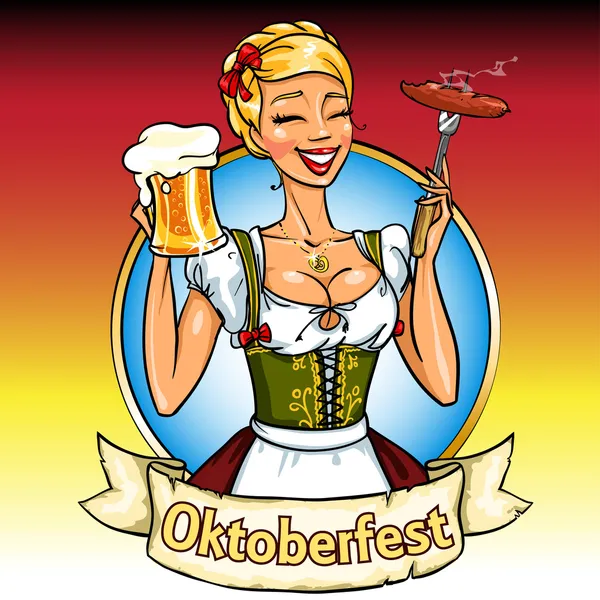 Bayerska flicka med öl och röka korv, Oktoberfest etikett — Stock vektor