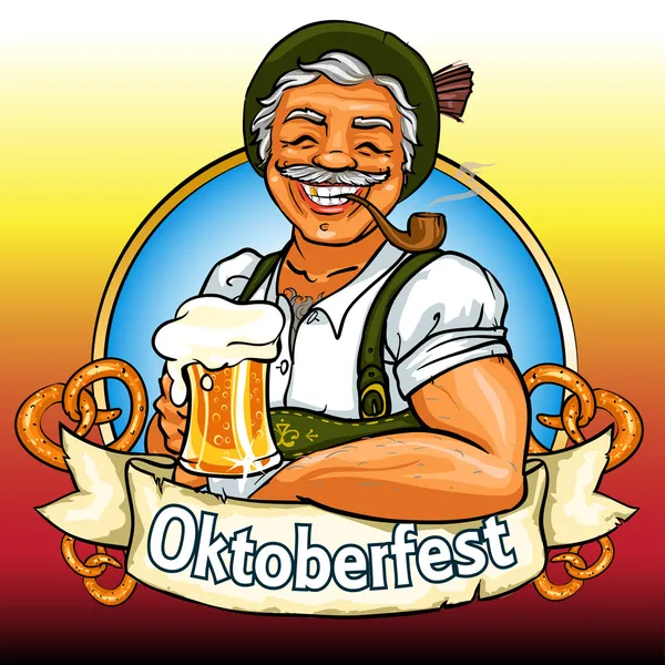 Bavarian man with beer and smoking pipe, Oktoberfest label — Stock Vector