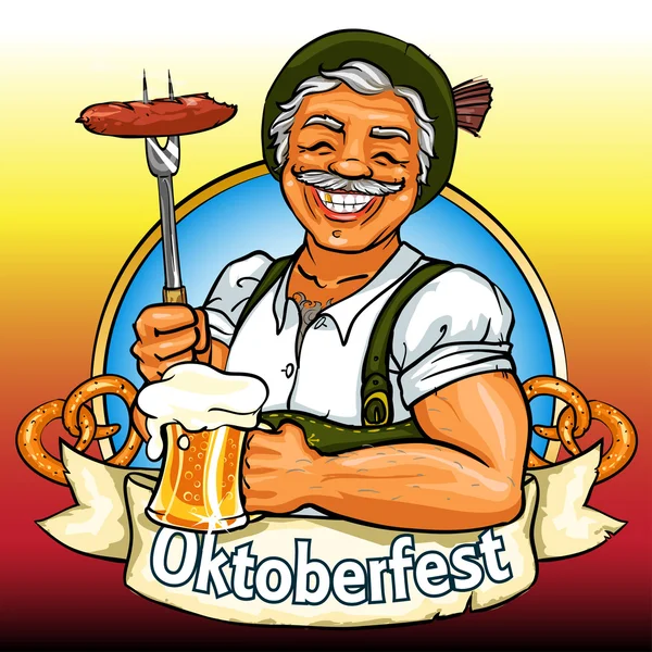 Homem bávaro com cerveja e salsicha fumante, Oktoberfest label —  Vetores de Stock