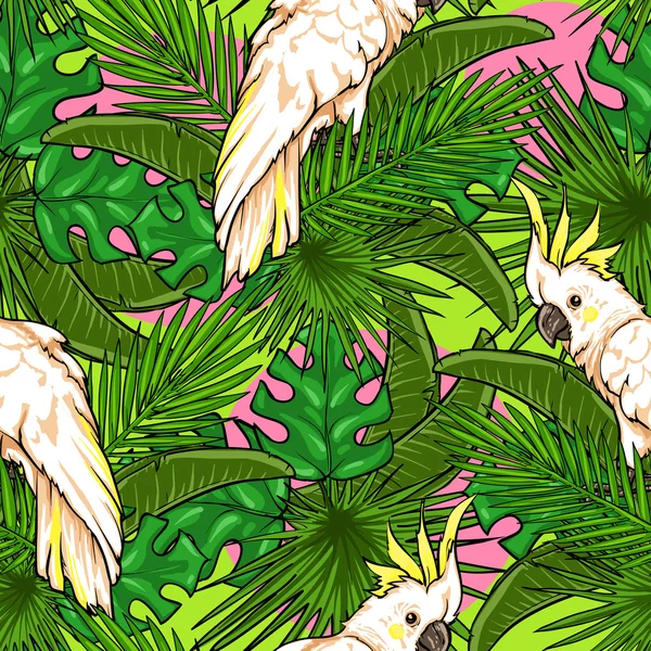 Modello senza cuciture con foglie di palma e pappagalli — Vettoriale Stock