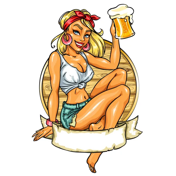 Pin Up Girl holding beer — Stock Vector