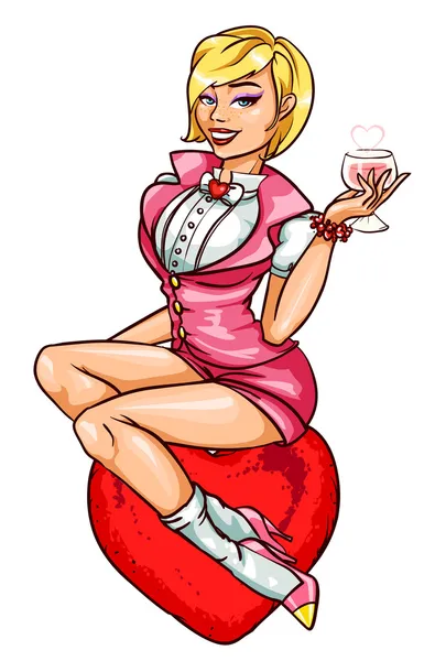 Pin Up Girl avec cocktail assis sur un cœur — Image vectorielle