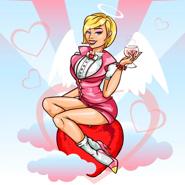 Pin Up Angel Chica con cóctel — Vector de stock