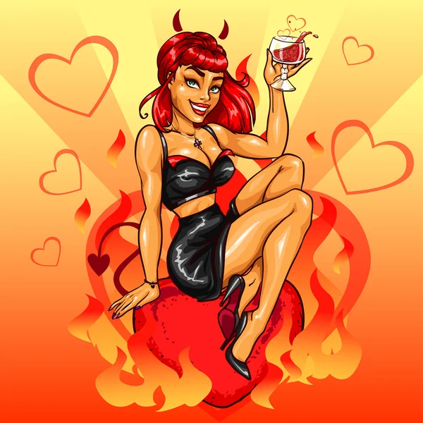 Pin Up Devil Girl com coquetel — Vetor de Stock