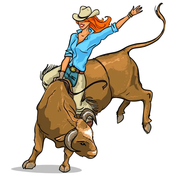 Cowgirl călărie un taur — Vector de stoc