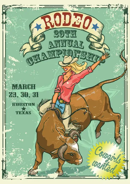 Rodeo Cowgirl riding a bull, Retro style Poster — Stock Vector