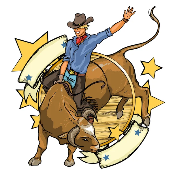 Rodeo Cowboy călărie un taur — Vector de stoc