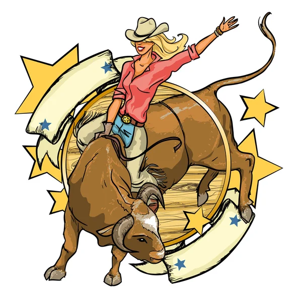 Rodeo cowgirl ridning en tjur — Stock vektor