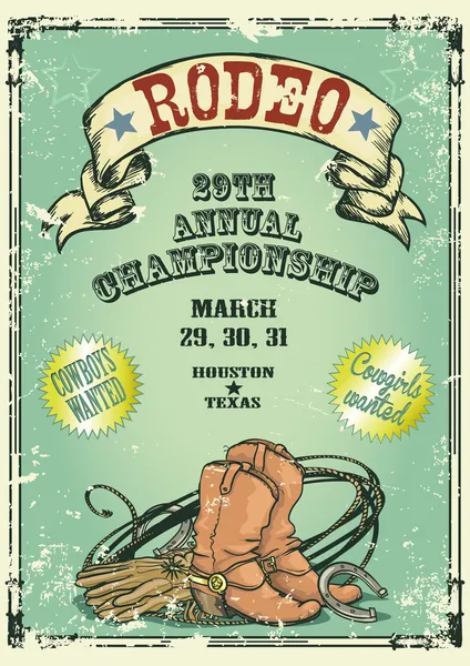 Retro style Rodeo Championship poster with cowboy stuff — Stock Vector