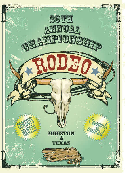 Retro style Rodeo Championship poster with longhorn skull