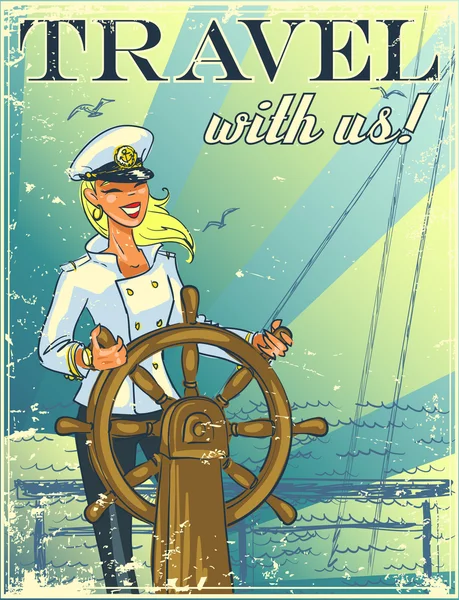 Affiche nautique avec capitaine femelle — Image vectorielle