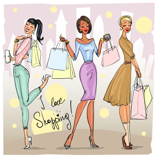 Mujeres con bolsas de compras — Vector de stock